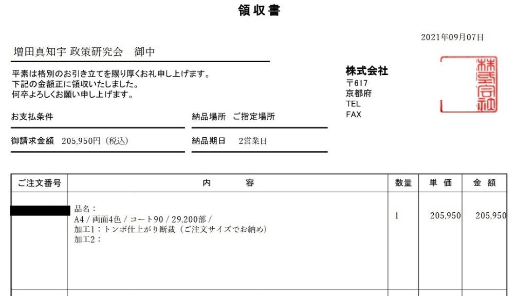 増田真知宇政策研究会 会報印刷代。2万9千200部 印刷代 増田真知宇政策研究会 会報印刷代。2万9千200部 印刷代